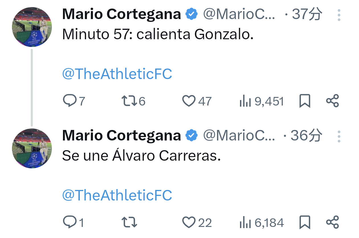 贡萨洛和卡雷拉斯57分钟就开始热身了，67分钟进了个点球后，阿隆索让他俩坐下，改