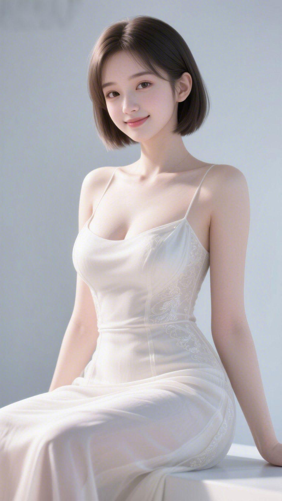 白裙绘就温柔模样
 
浅灰背景晕开一层朦胧的柔雾，短发的女子身着白裙静静端坐，发