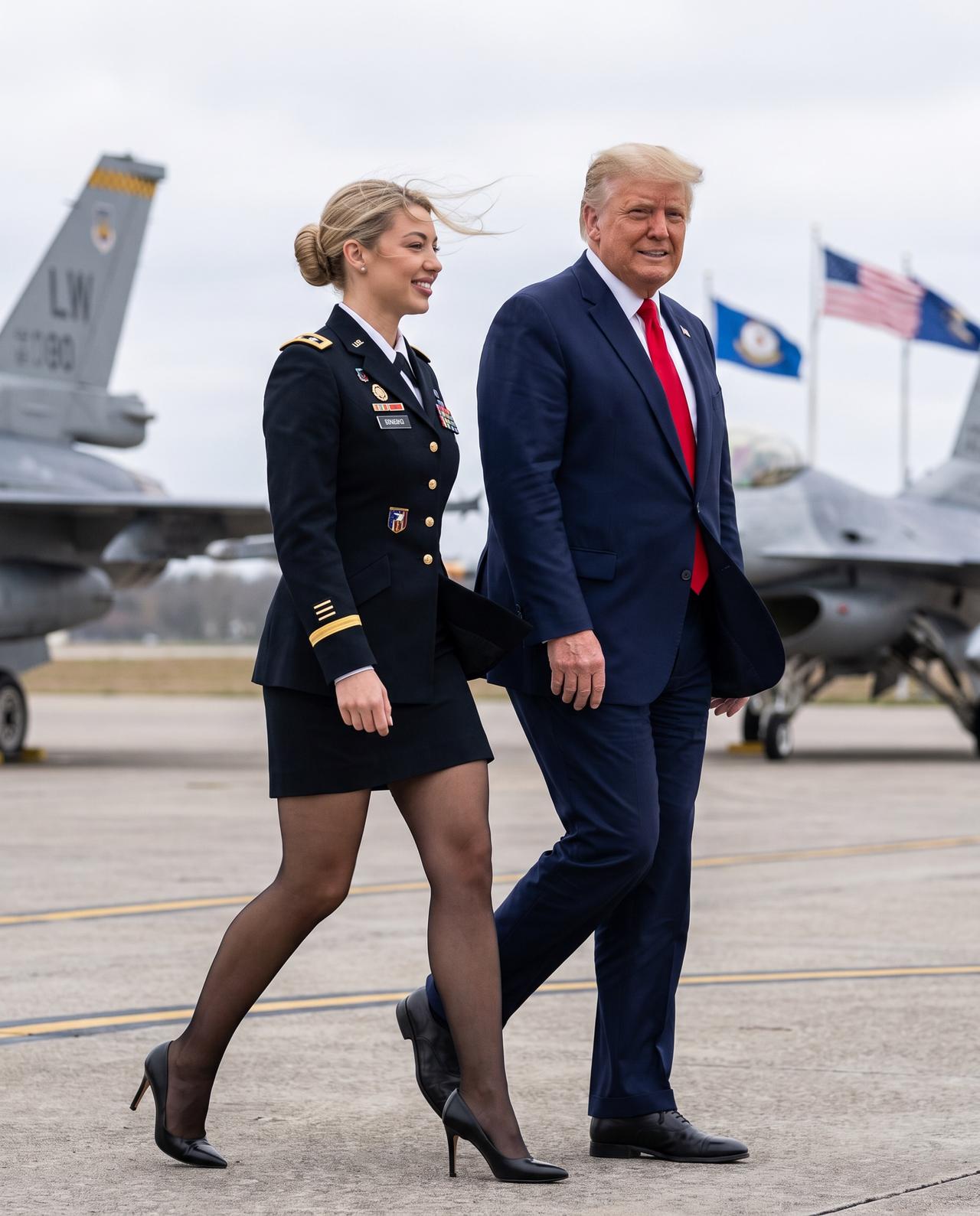 美国女兵Megan Carter与特朗普总统一同抵达军用机场！特朗普 
美国女兵