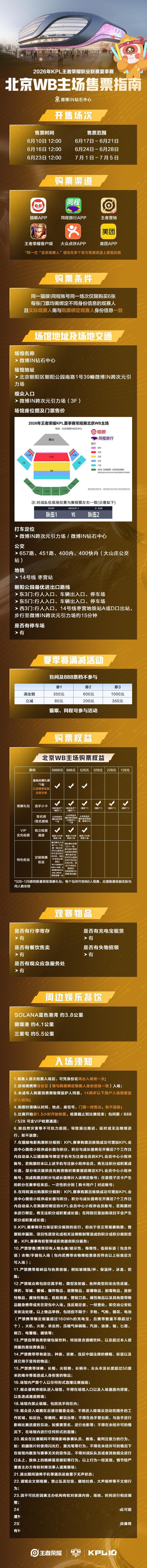 2026KPL夏季赛 常规赛第一轮售票日历公布！【售票时间】6月6日中午12:0