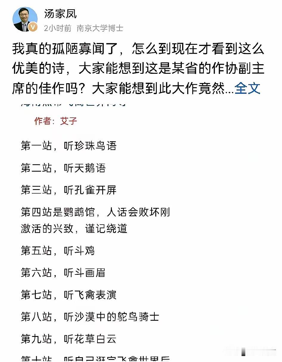 汤家凤手撕大剧又开始了！

他发文看到那位省作协副主席的诗作，自己都懵了，实在没