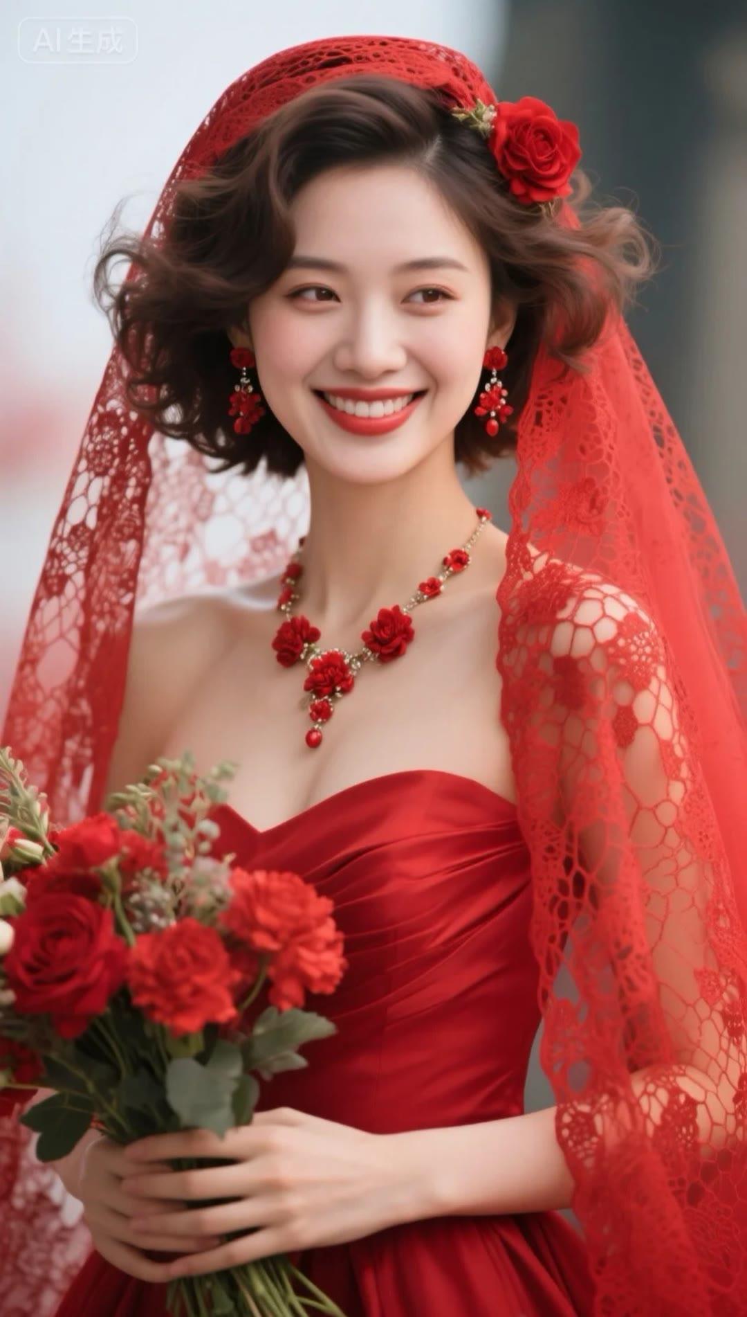 甜美红裙新娘，手捧鲜花，幸福微笑