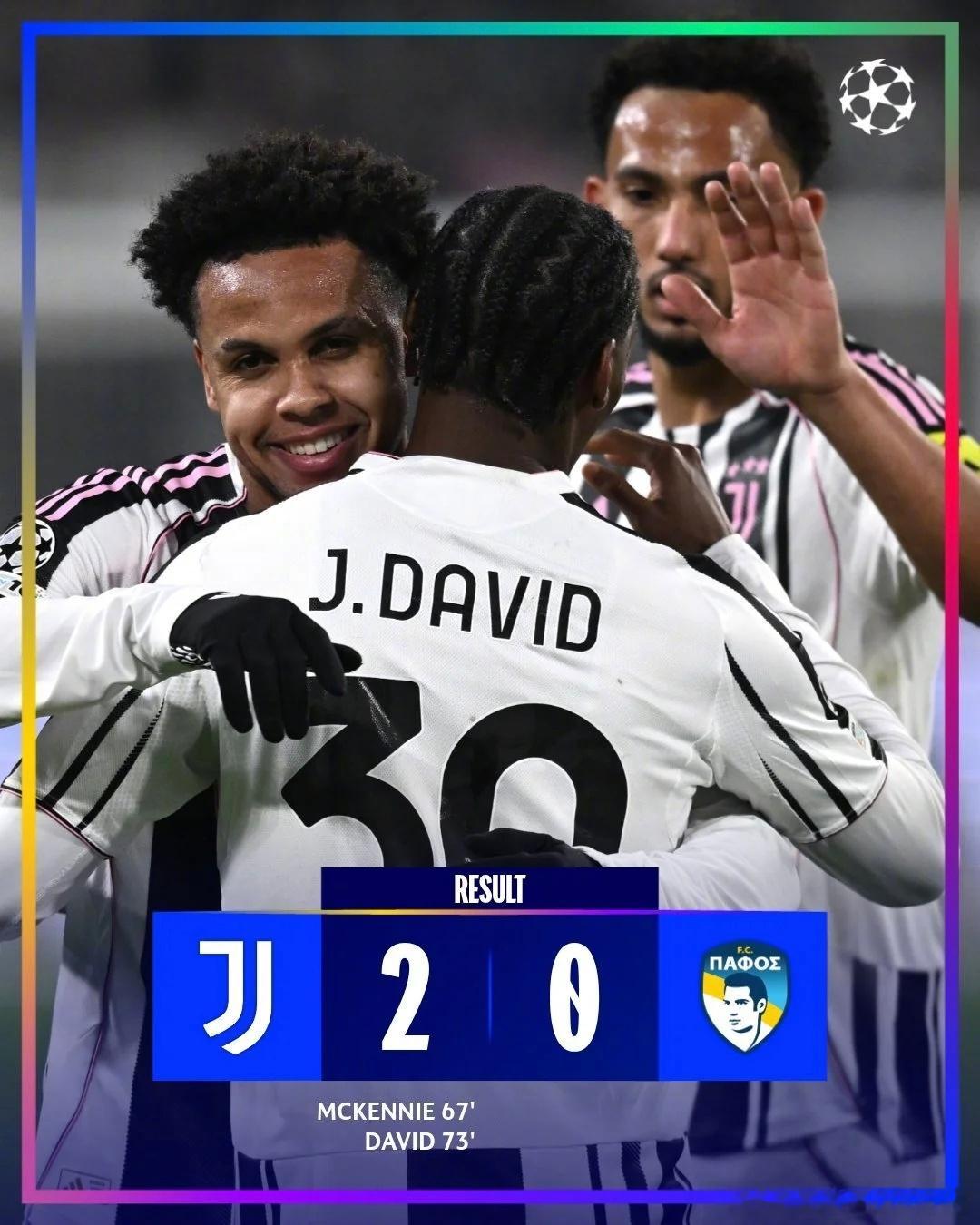 欧冠联赛阶段第6轮:尤文图斯2比0战胜帕福斯 