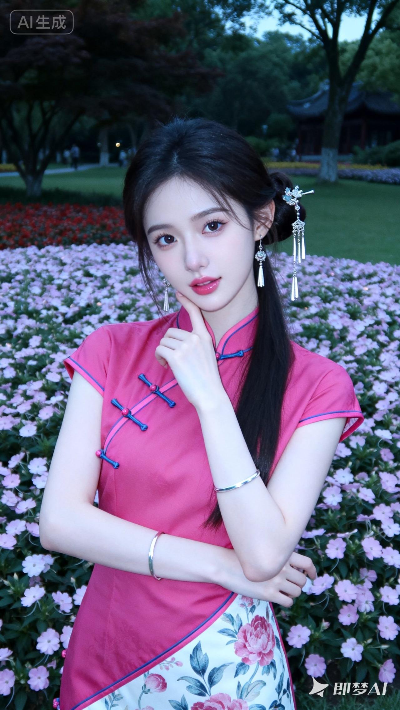 粉嫩旗袍少女，花海中的优雅姿态