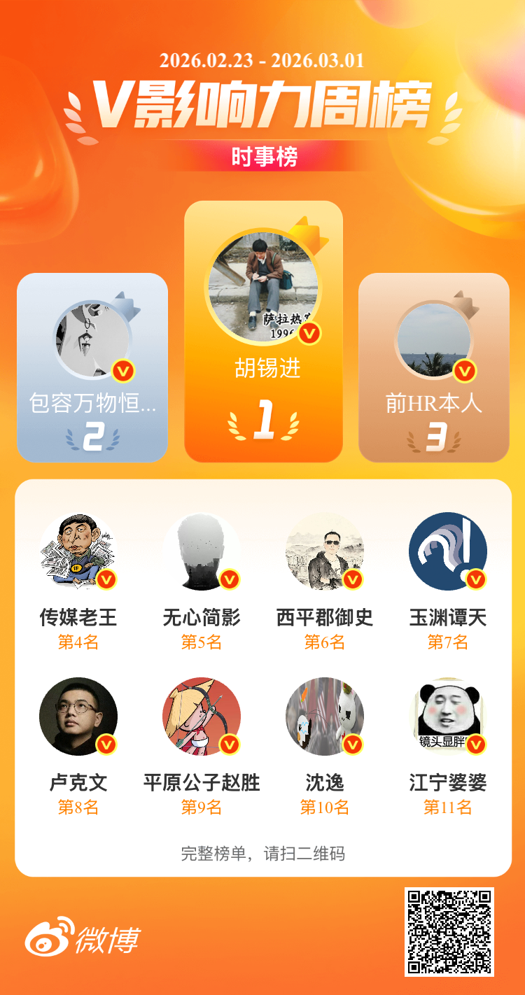 【V影响力榜 2026年第09周】「时事周榜」本周第5。点此查看完整榜单网页链接