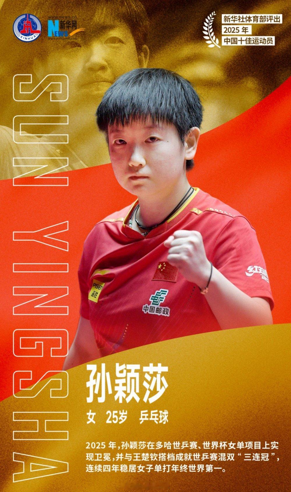 2025年12月27日，新华社体育部正式公布了本年度中国十佳运动员名单，孙颖莎等