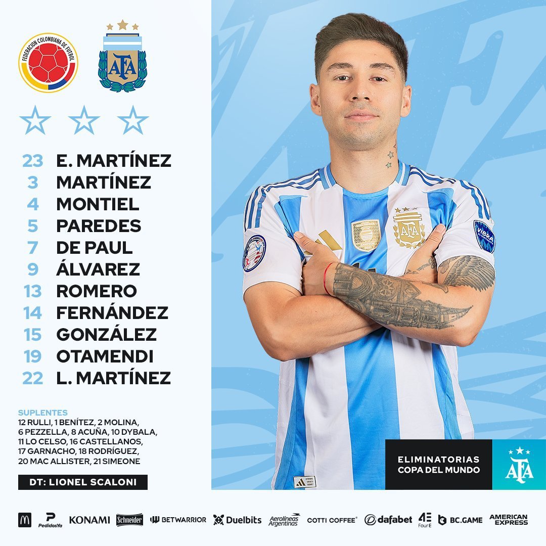 🇦🇷🌟南美世预赛#哥伦比亚vs阿根廷#，阿根廷方面首发名单如下：🧤埃米利