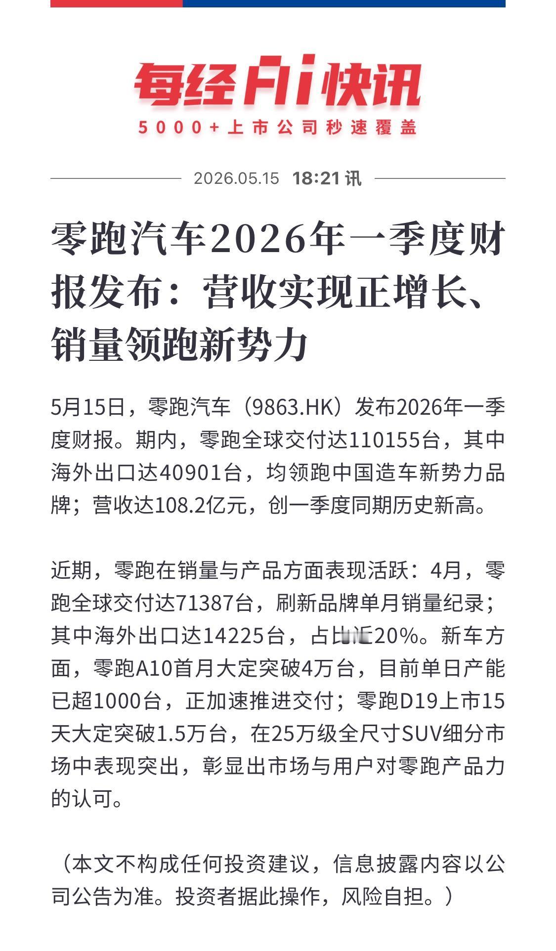 零跑一季报发布：交付超11万台，新势力淡季跑出了加速度


零跑一季度财报出来了