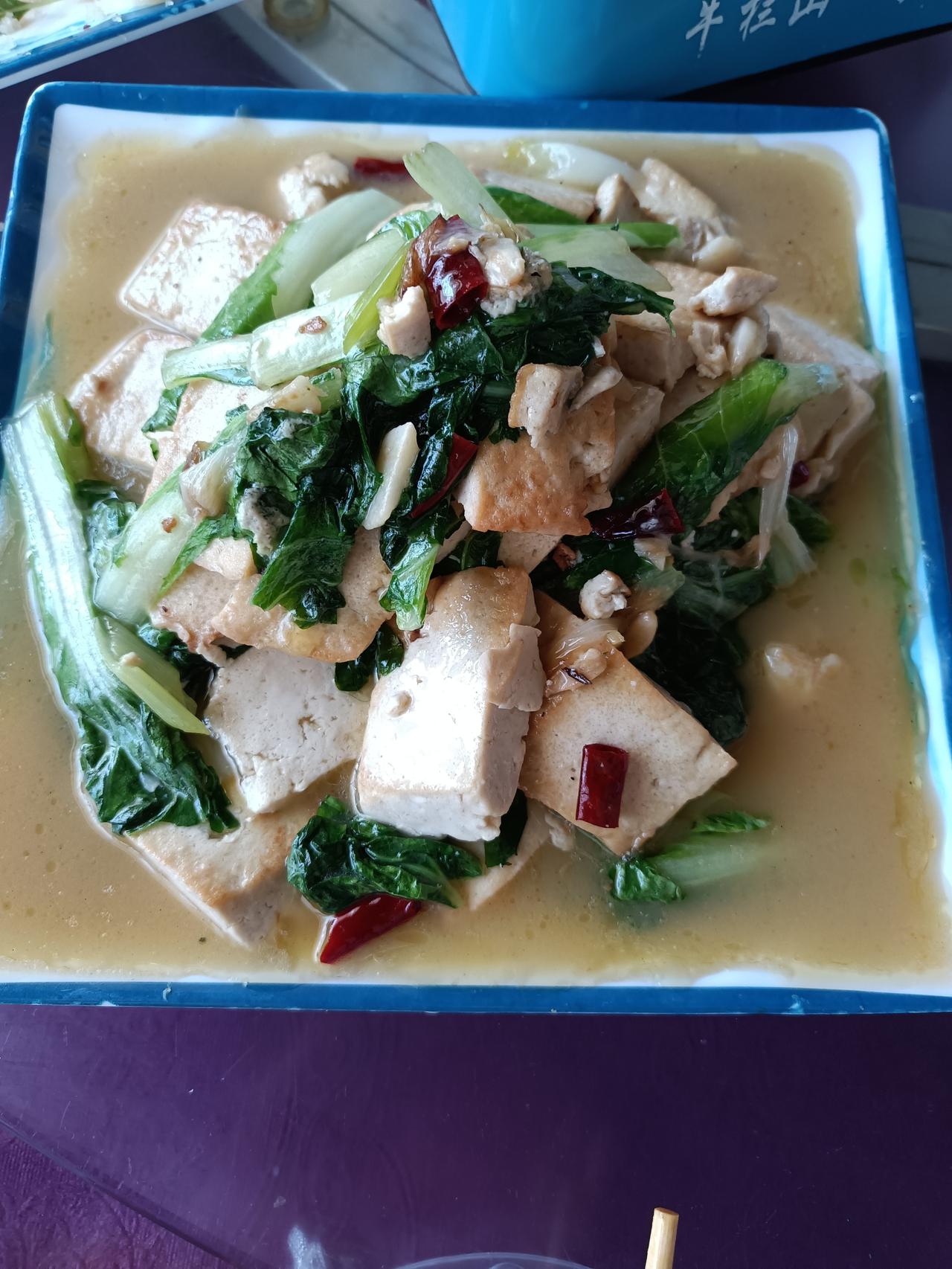 我今天吃了青菜炖豆腐，这是我喜欢的一盘菜，你们今天吃了哪些喜欢的菜品？