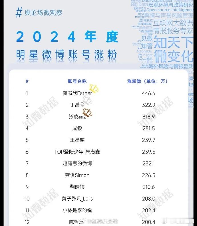 虞书欣在2024年微博涨粉中一骑绝尘，断层第一的成绩是她实力与人气的有力证明。她