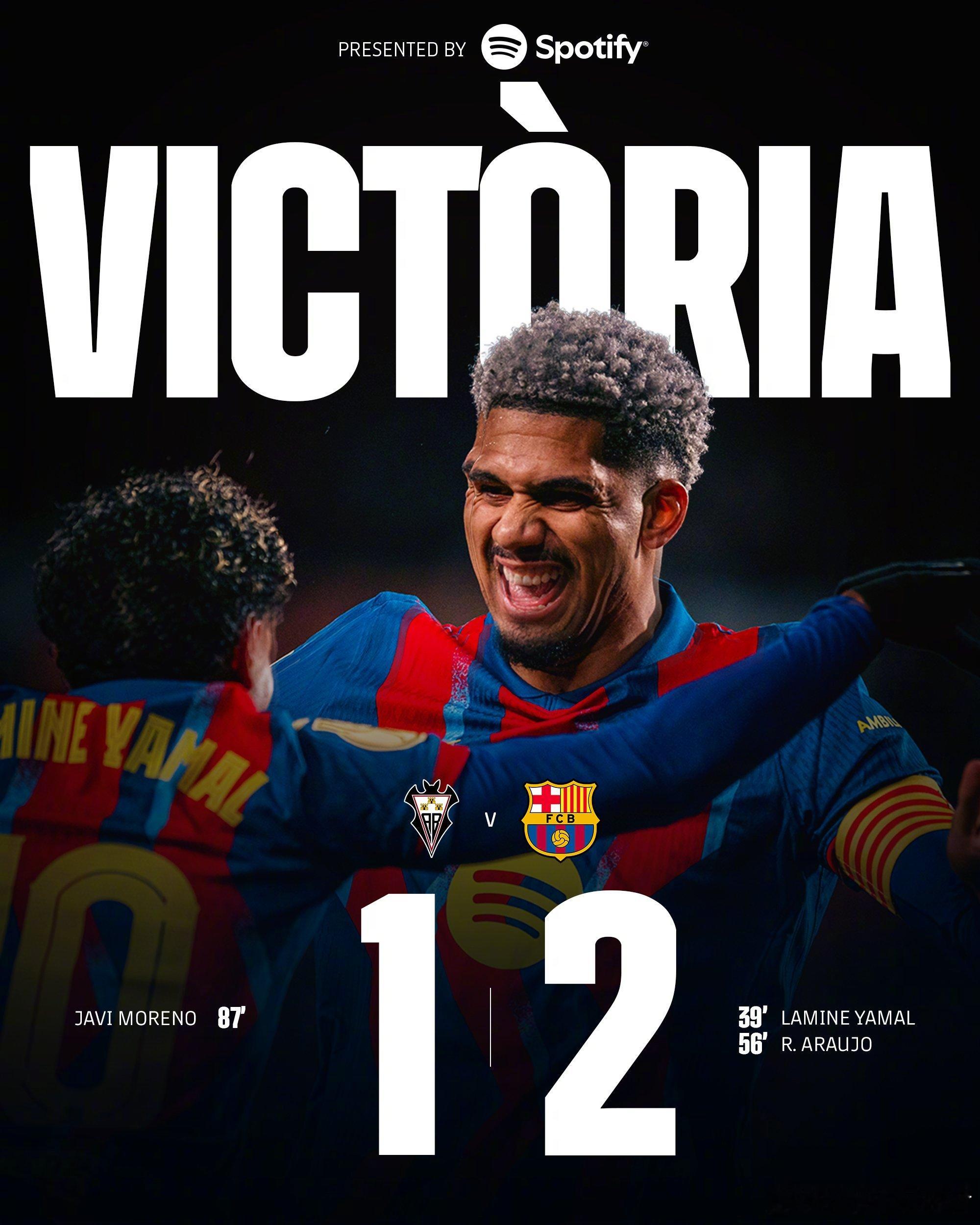 国王杯四分之一决赛全场比赛结束，阿尔瓦塞特 1-2 巴塞罗那进球：莫雷诺87’（