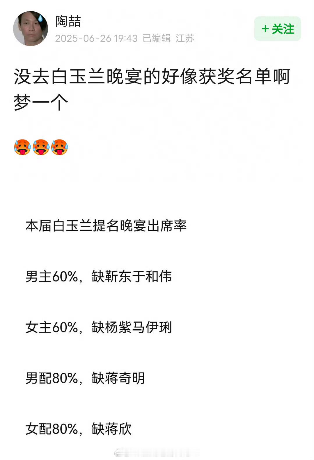 网友说没去白玉兰晚宴的，真的很像最终获奖名单视帝缺靳东于和伟，视后缺杨紫马伊琍男