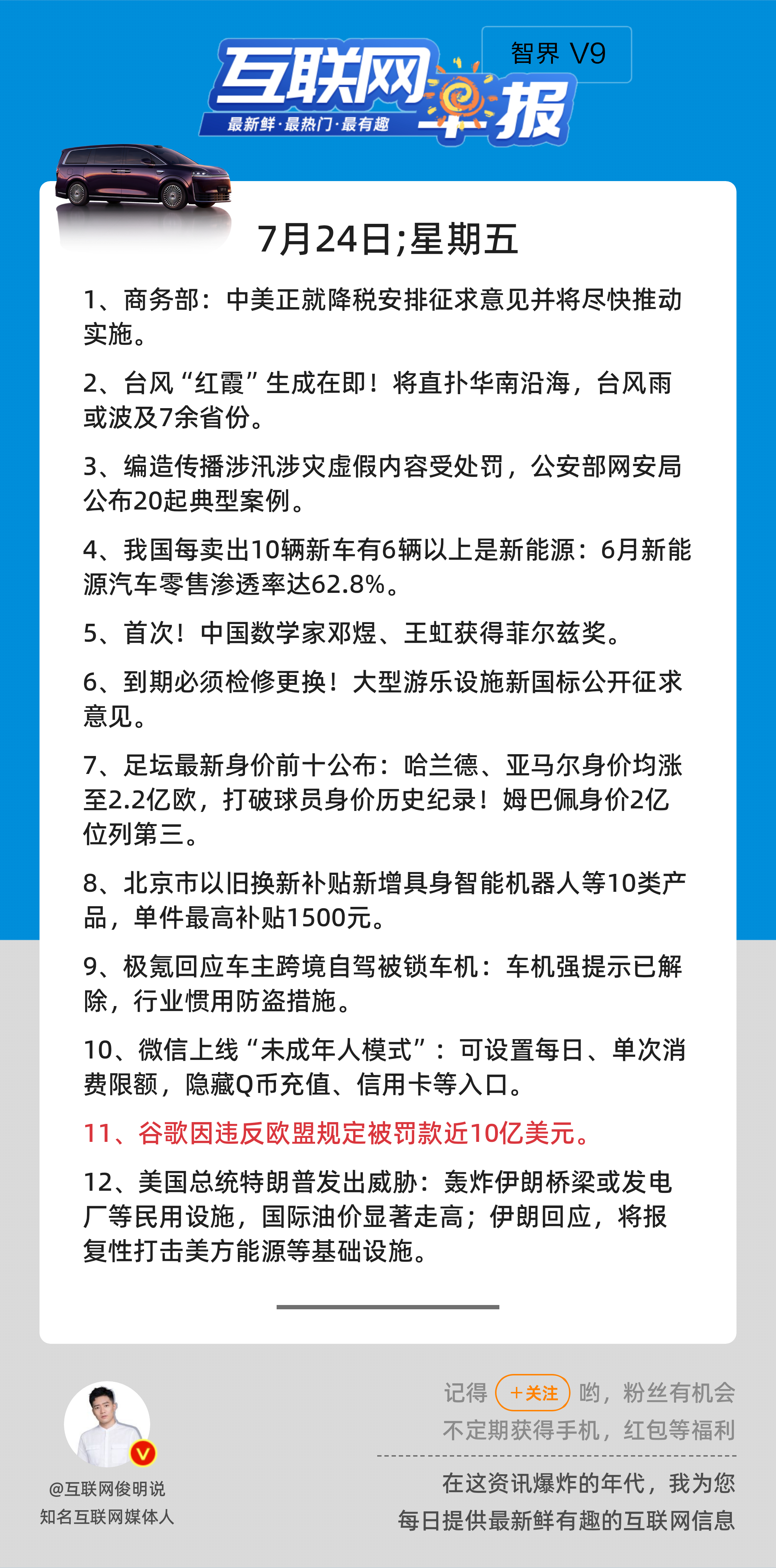7月24日，星期五，《第3209期》；互联网早报，众览天下事关心第11条：谷歌因