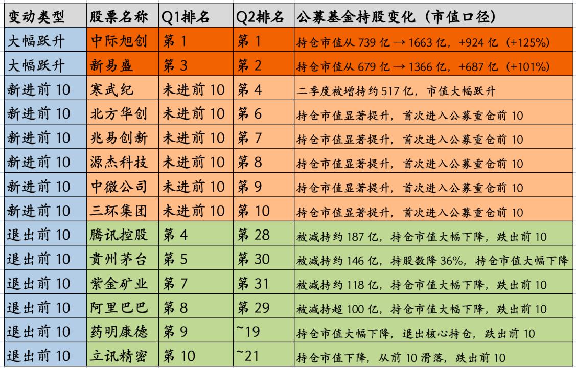 二季度公募基金全面拥抱了AI科技，公募基金的前十大持仓最近全部公布了，复盘后，我