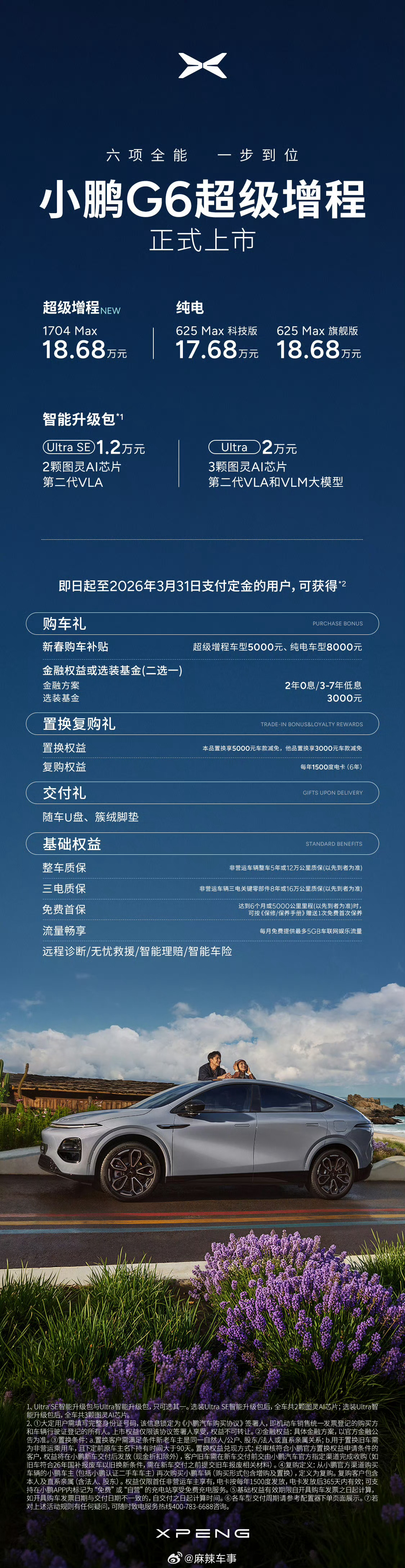六项全能，一步到位！小鹏G6超级增程正式上市，售价18.68万元，为所有热爱生活