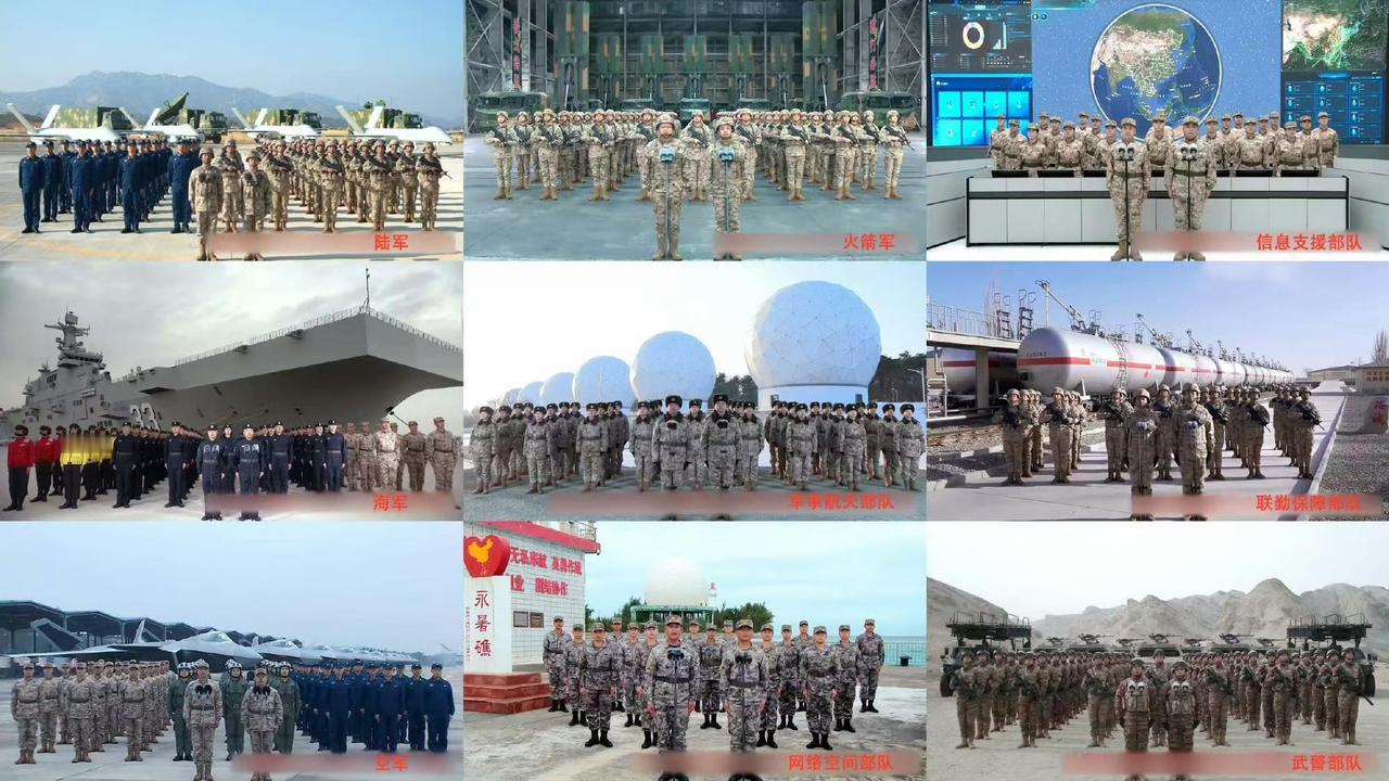 这组拜年画面，堪称一场“全谱段”的大国重器秀，每一个军种的背景装备，都精准对应着