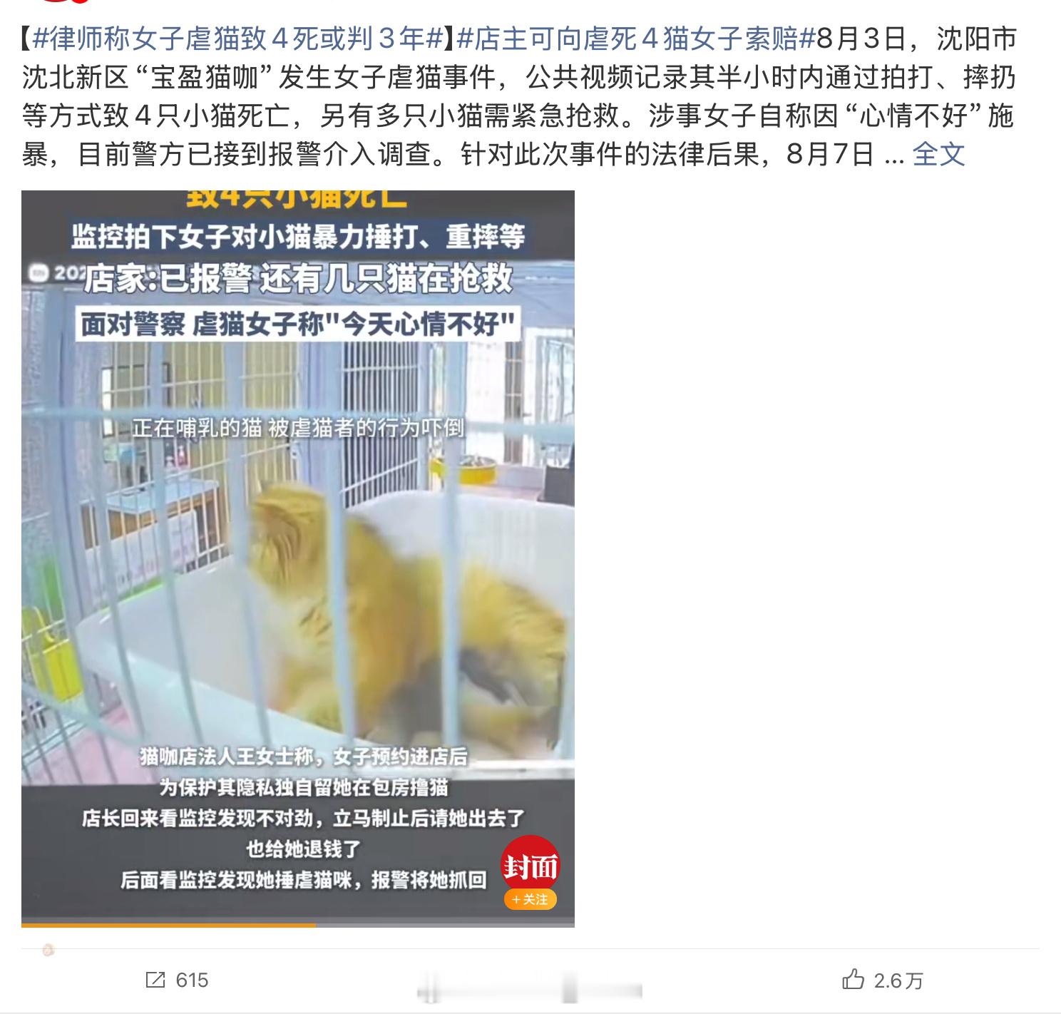 女子虐猫致4死或判3年该！[怒]什么人呀真的是，心情不好就可以虐待猫了吗[无聊]