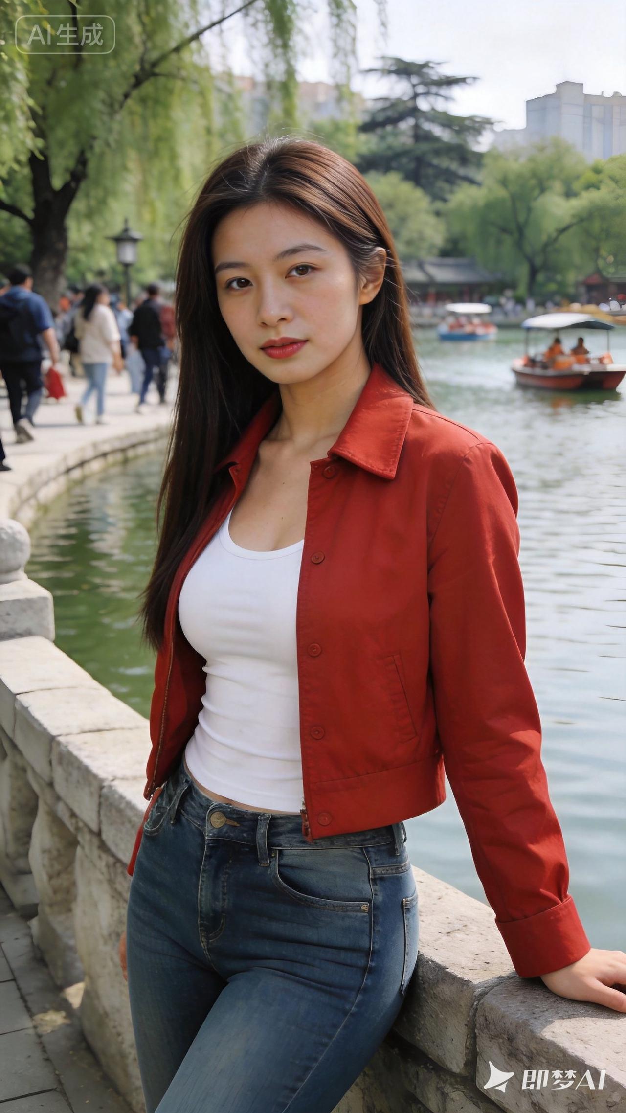红色外套搭配白色内搭，牛仔裤，清新自然，完美搭配！🍂💃🏻