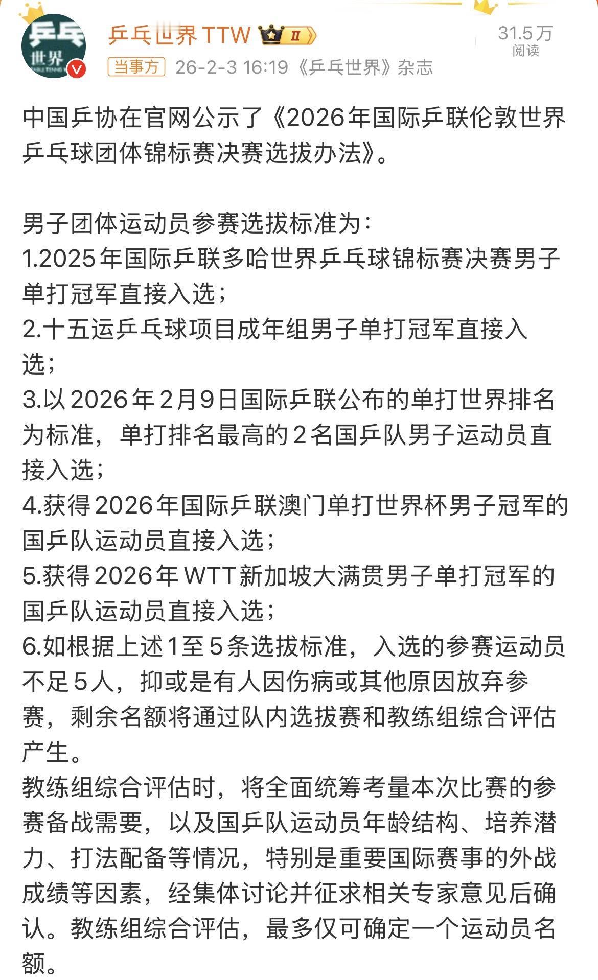 王皓马琳谈伦敦世乒赛团体赛｜中国乒协在官网公示了《2026年国际乒联伦敦世界乒乓