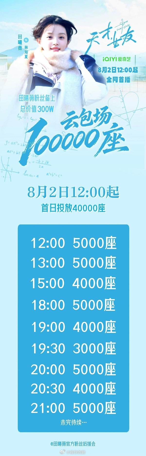 天才女友追剧日历天才女友开播，田曦薇粉丝准备了云包场10万座，来抢。田曦薇