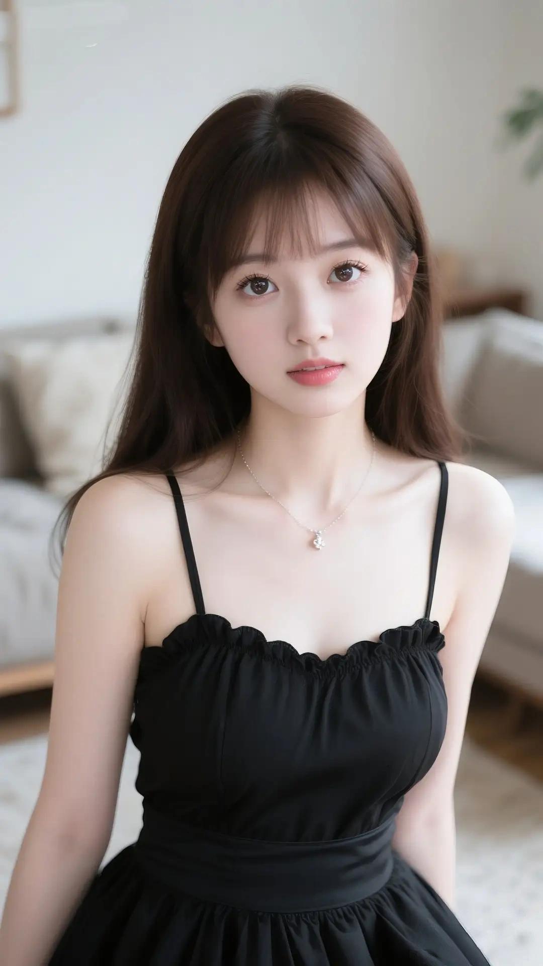 造型与气质：
她留着一头柔顺的深棕色长发，空气刘海修饰出精致的脸型，显得温柔又灵