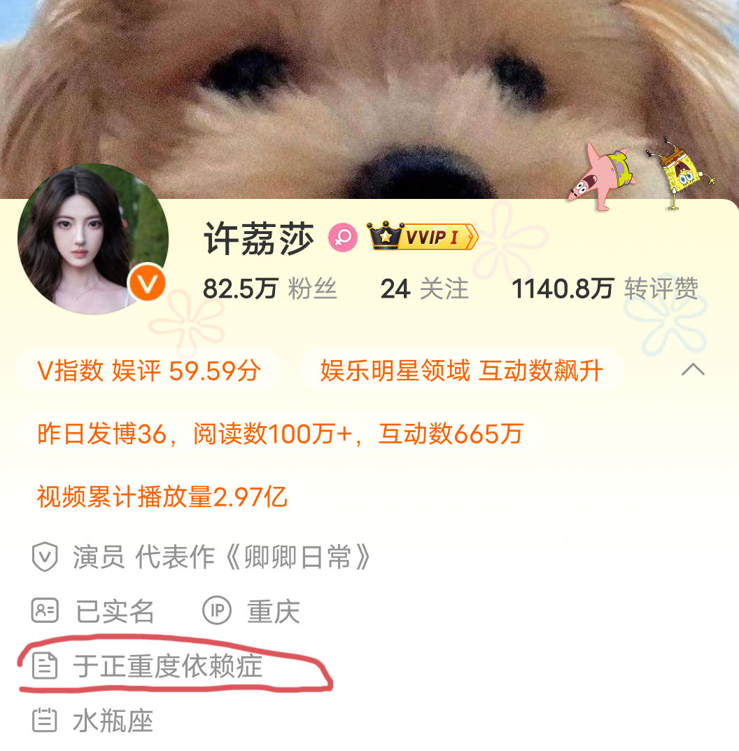 许荔莎微博简介：于正重度依赖症！ ​​​
