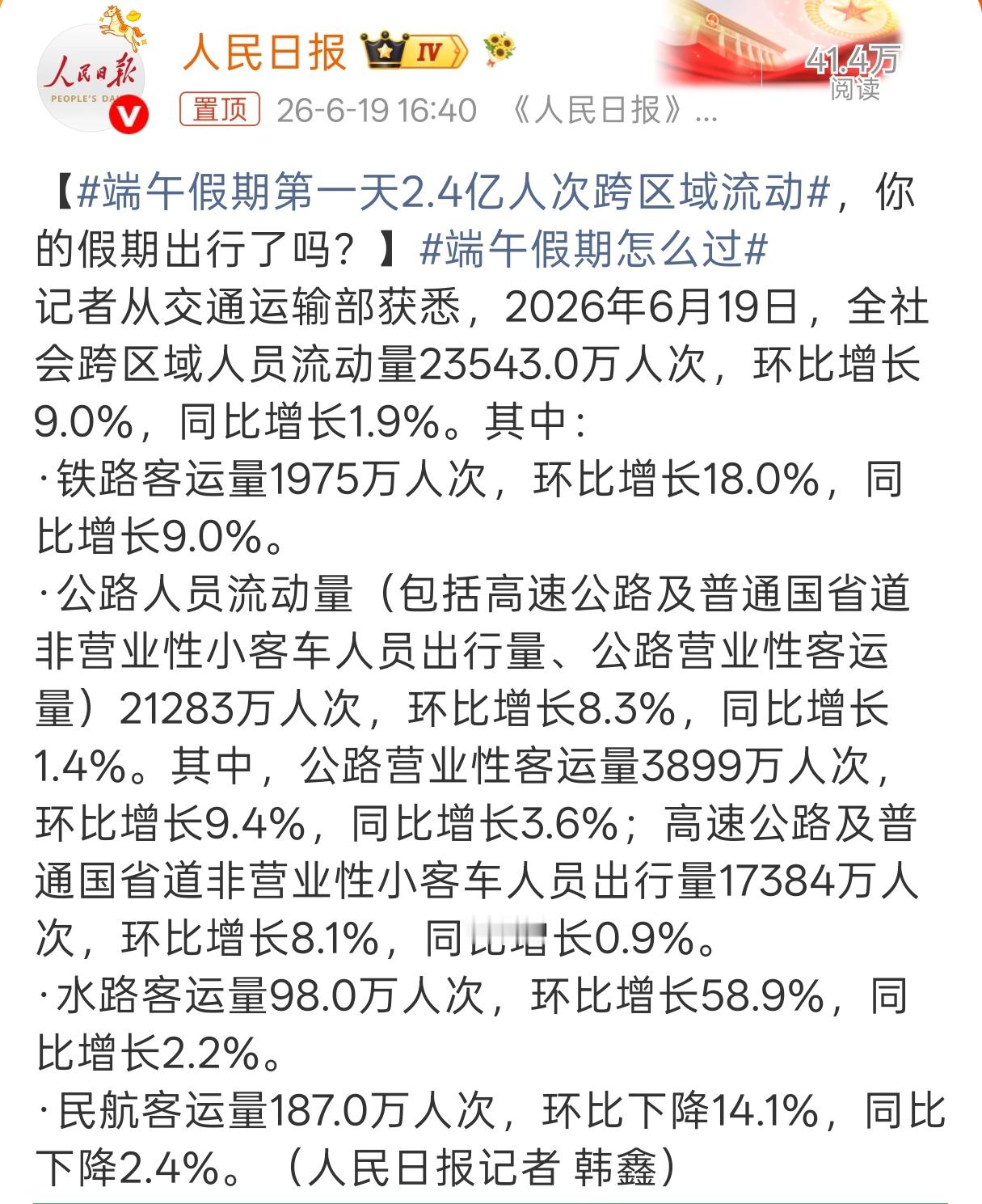 端午假期第一天2.4亿人次跨区域流动我还说周边朋友都没有出去，原来是我的错觉。说