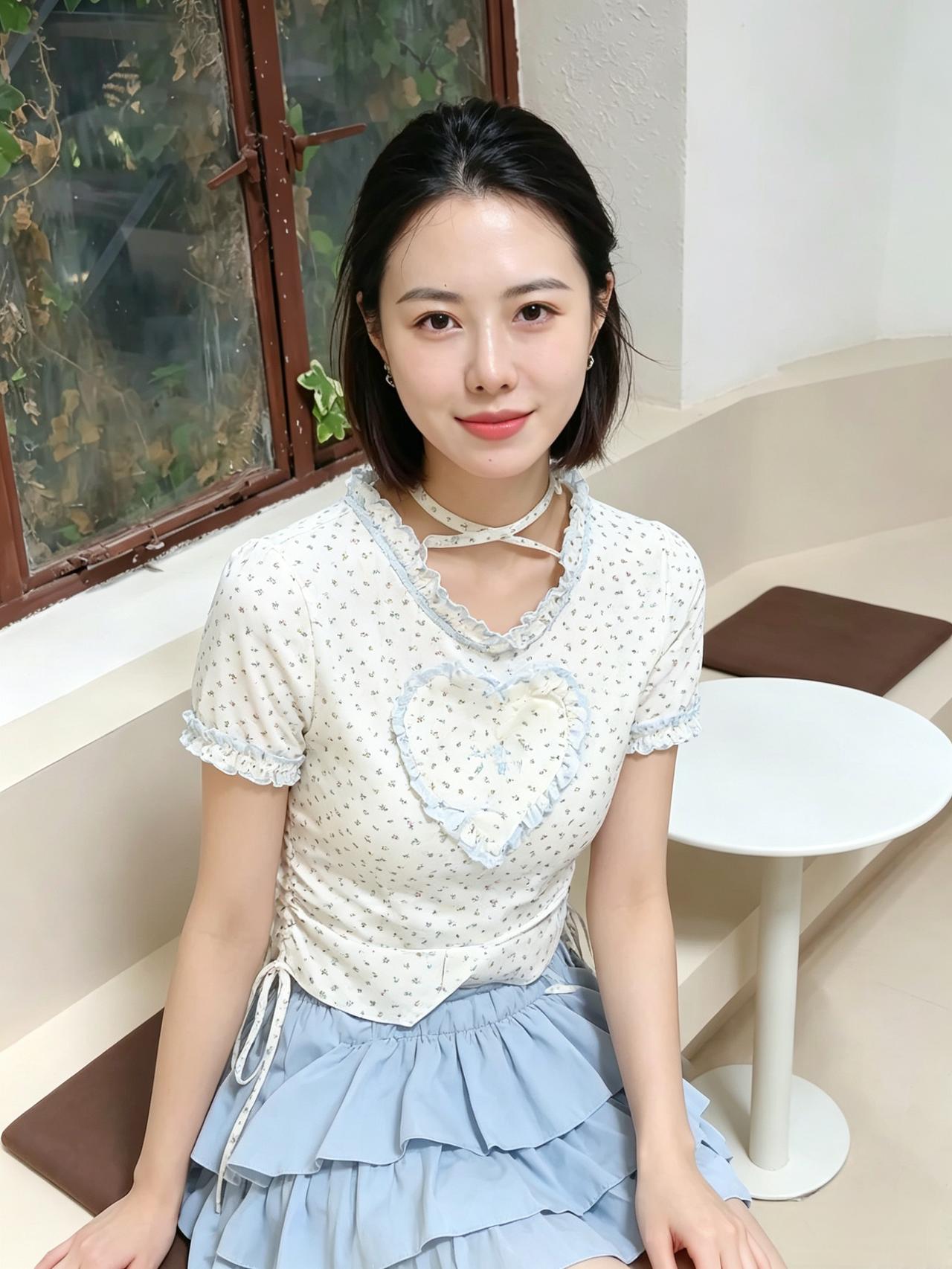 闲居雅室自清妍，碎花衣衫衬少年。
浅带轻环凝玉颈，眉目温柔惹人怜。