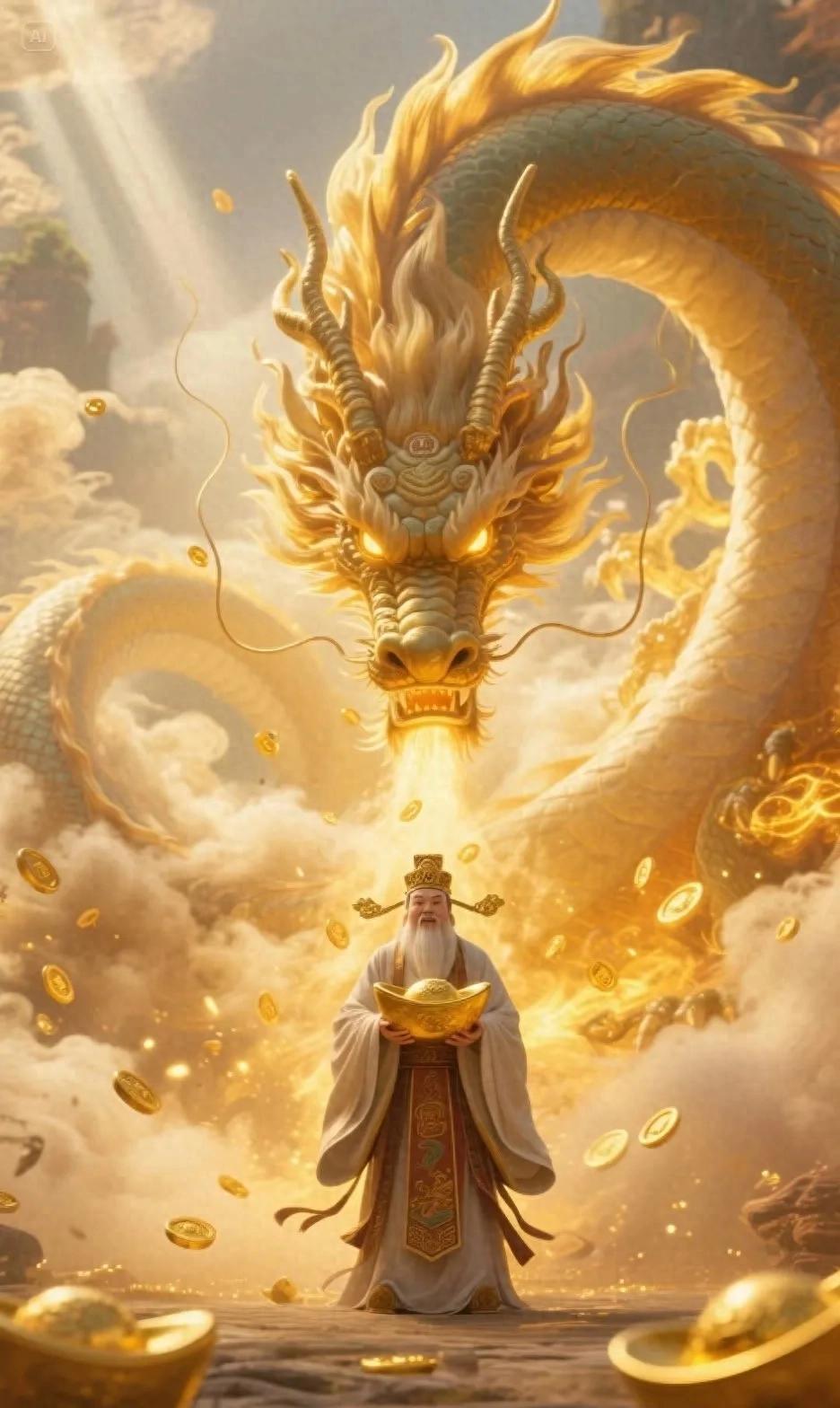 金龙吐瑞财神捧金，漫天财气送上门！见此祥瑞，新岁必定财如潮涌 [求关注][拜托]