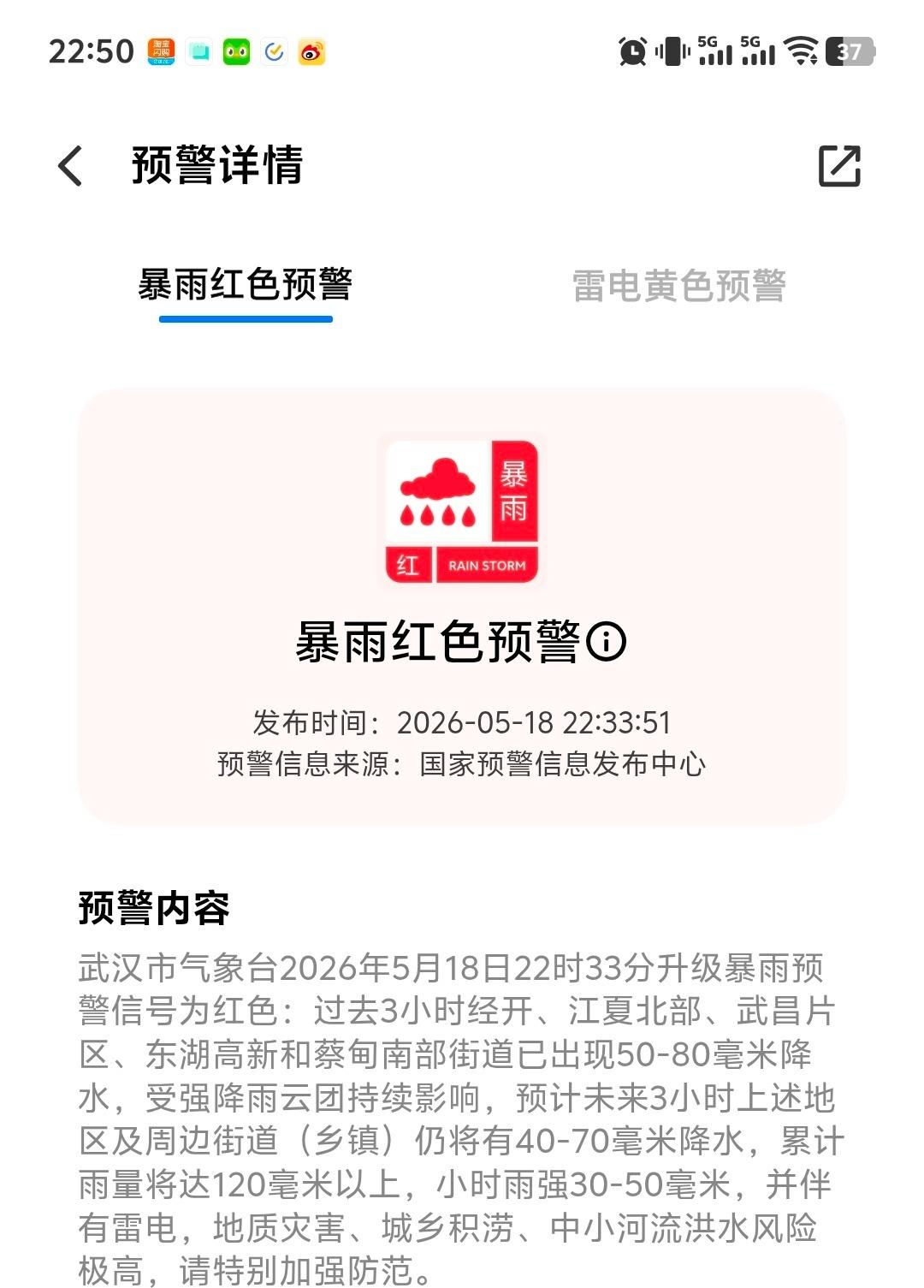 手机弹暴雨红色预警了
武汉不会有很多地方又要淹了吧？ ​​​