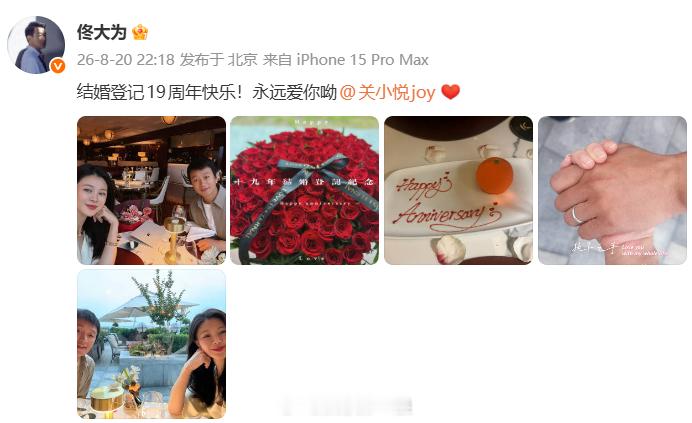 佟大为纪念结婚19周年 佟大为纪念结婚19周年：“结婚登记19周年快乐！永远爱你