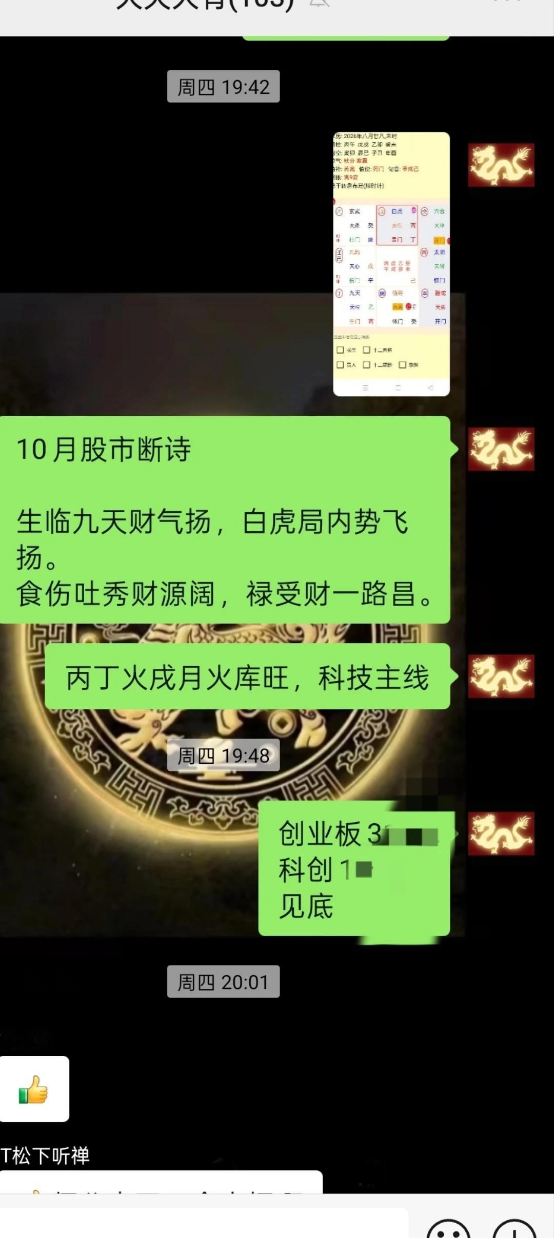 十月份股市趋势有诗曰：

生临九天财气扬，白虎局内势飞扬。
食伤吐秀财源阔，禄受