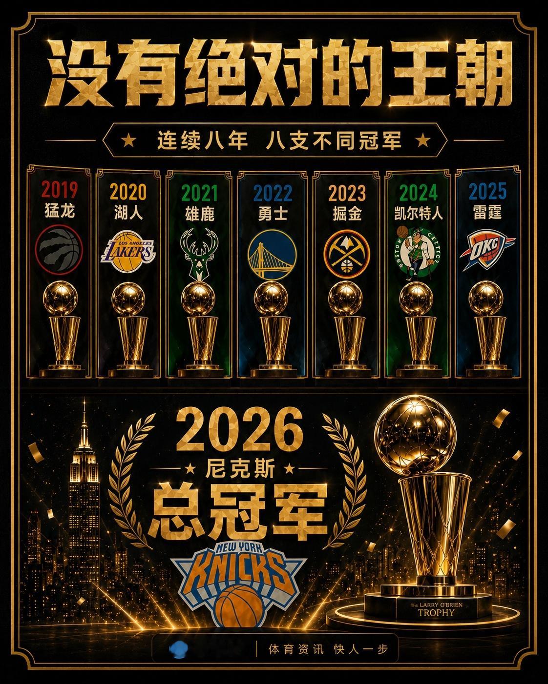 NBA近8个赛季8个不同总冠军。小马：都特么是王朝，八个王朝。尼克斯总冠军