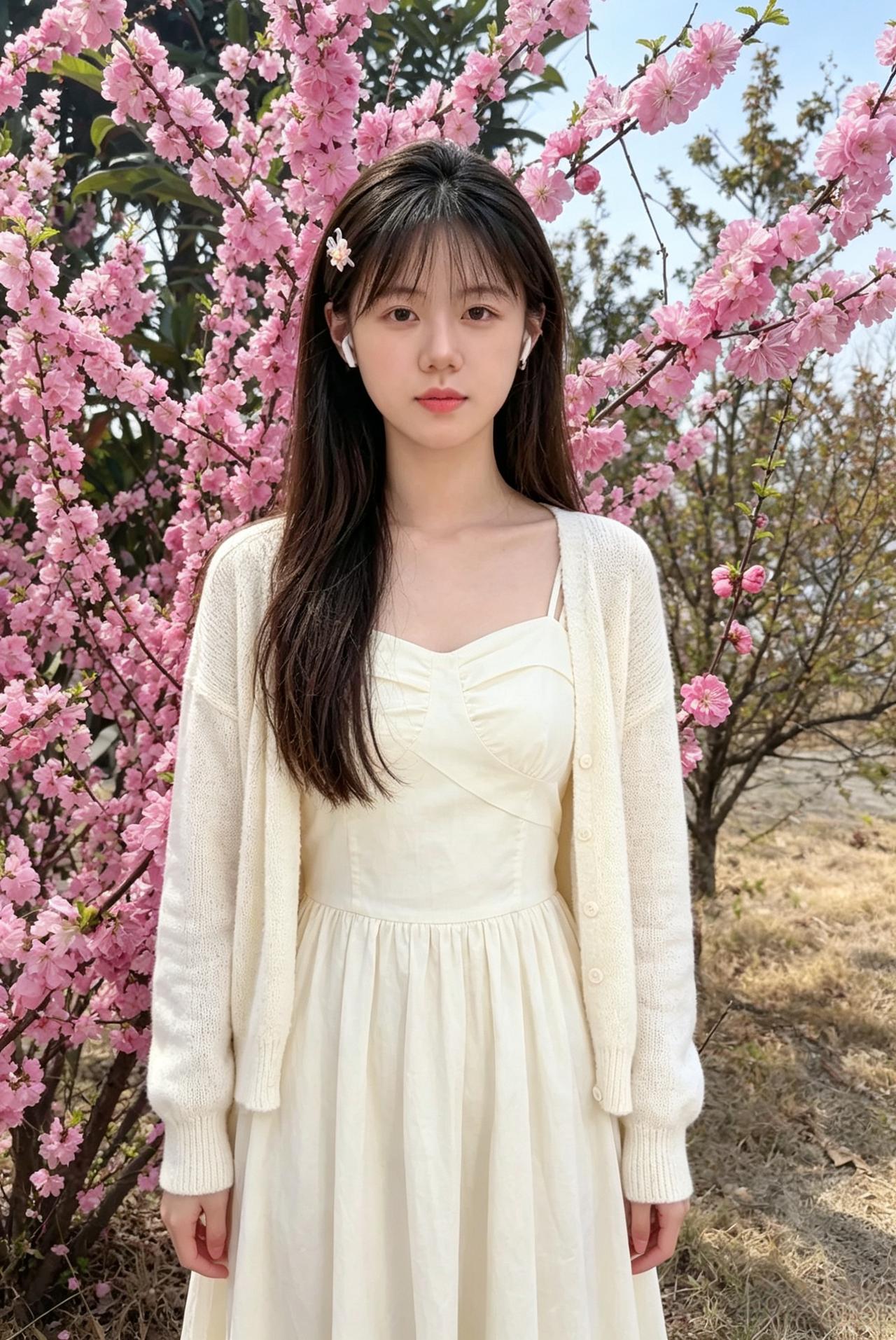 花底凝眸浅笑深，晴光遍洒玉容新。
轻衫浅粉裁云絮，不借东风也自春。