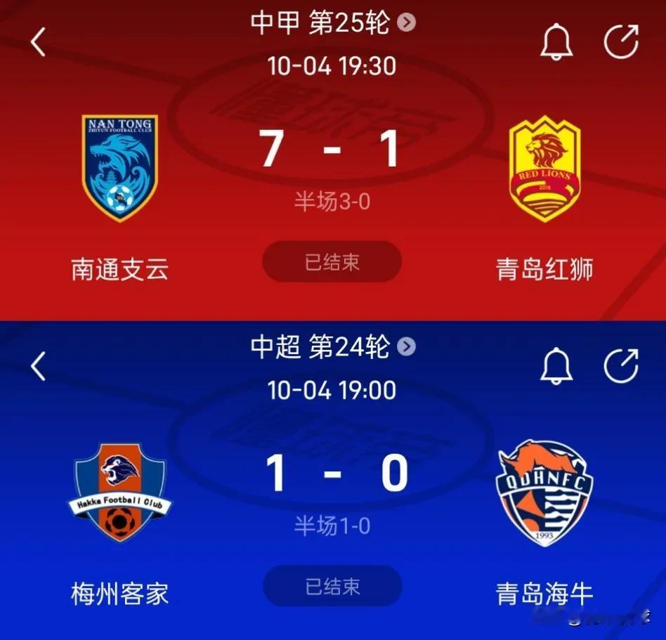 这个夜晚，青岛双雄同时输球，海牛和红狮很可能集体降级。
10月4日，中超第24轮