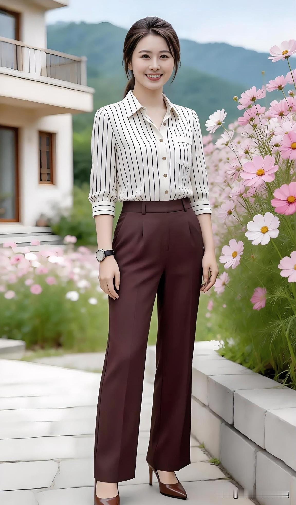 条纹轻曳，褐裤沉稳。她立于花海与远山之间，笑容温婉，一身知性从容，将岁月静好穿成