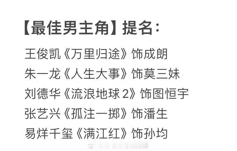 百花奖男主提名里《万里归途》和《满江红》的一番男主张译、沈腾没提名，王俊凯和易烊