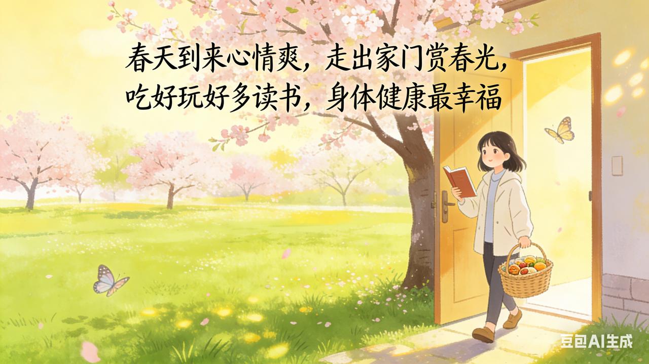 春天到来心情爽
走出家门赏春光
吃好玩好多读书
身体健康最幸福