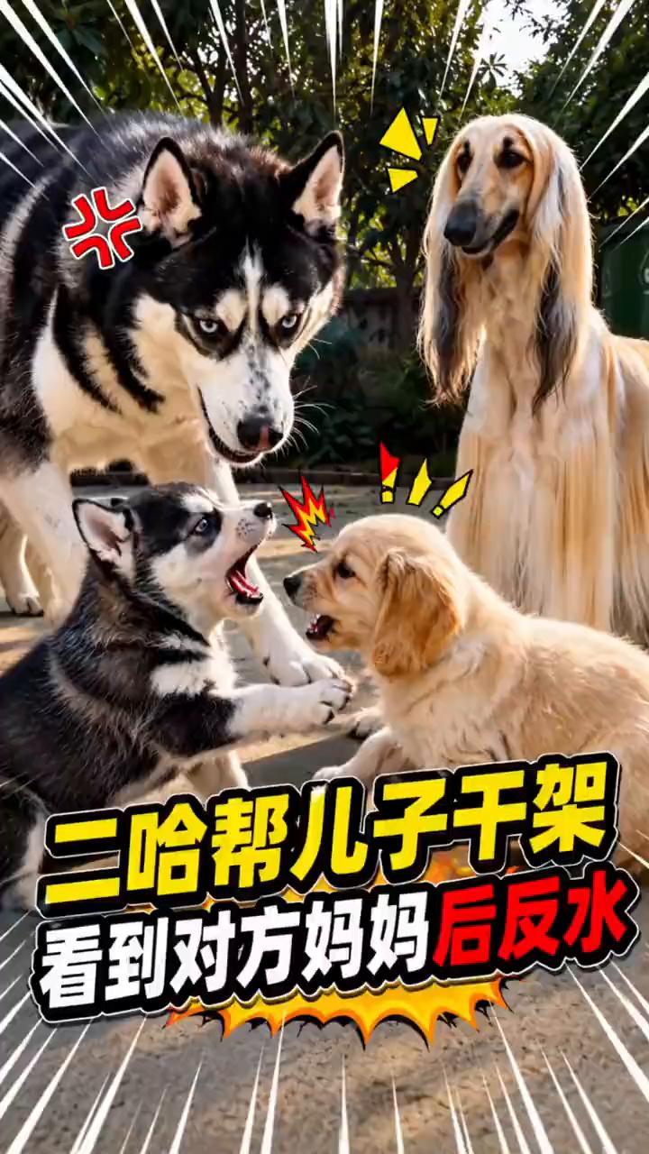 二哈帮儿子干架，看到对方妈妈后反水。
二哈帮儿子打架，二哈初恋，舔狗。