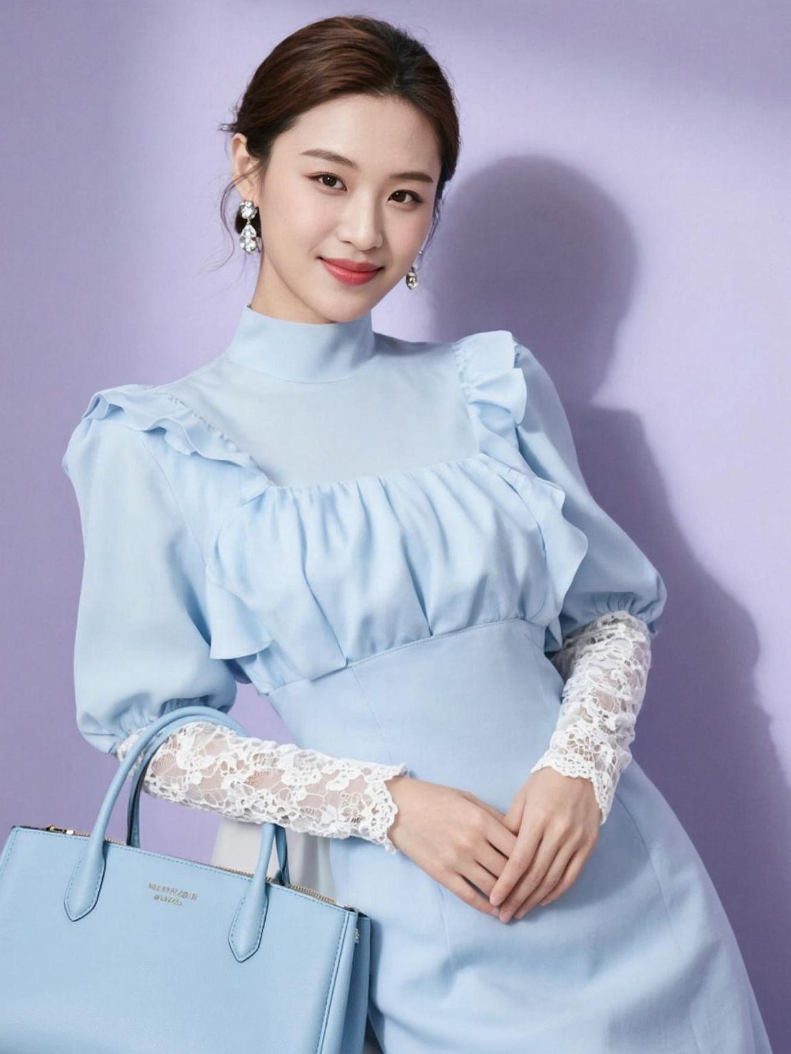 她身穿淡蓝色荷叶边礼服，优雅中透着一丝俏皮，仿佛是春日里的一阵清风，轻柔地拂过心