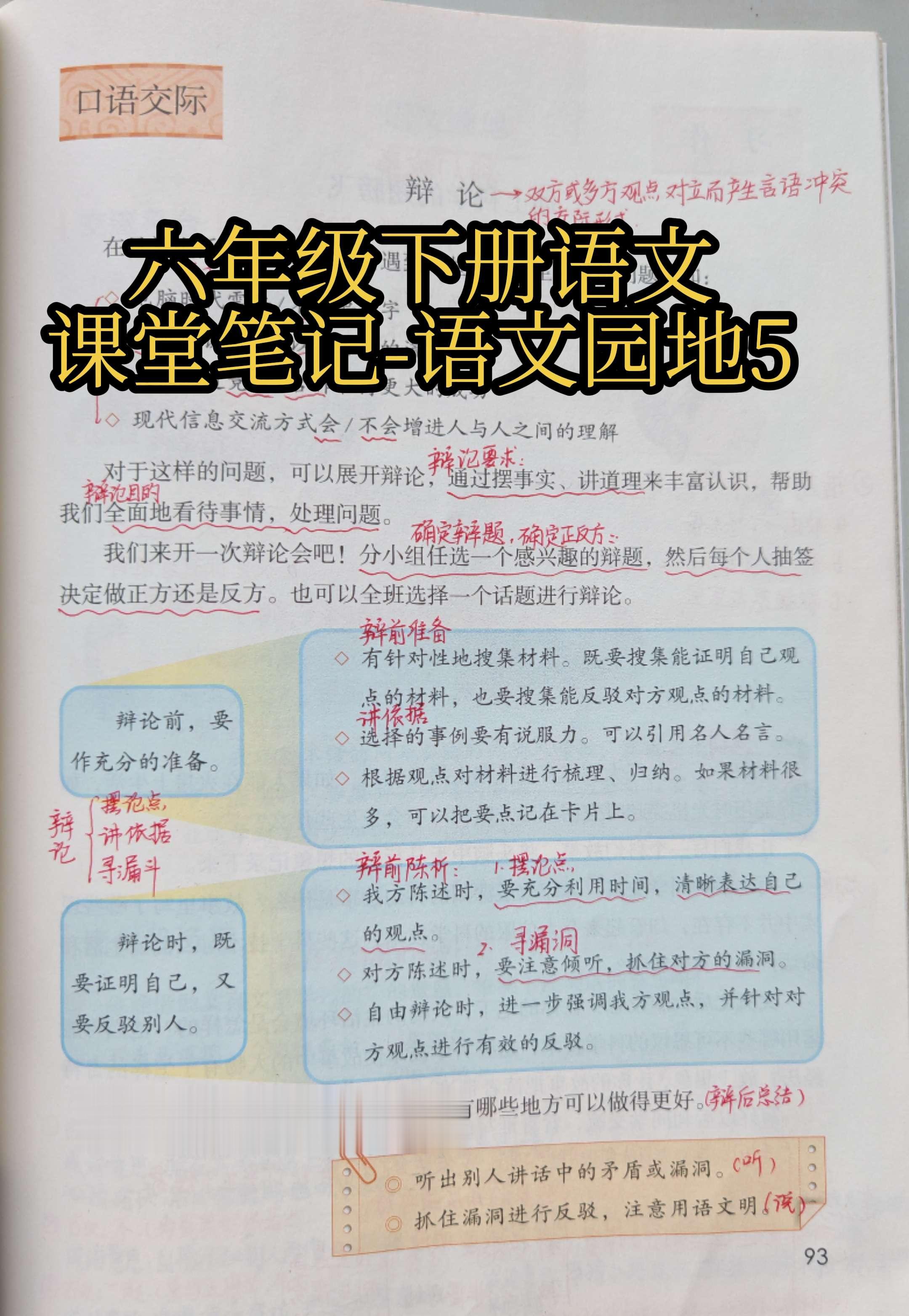 六下语文课堂笔记-语文园地五。口语交际部分的内容是辩论，这是培养孩子思...