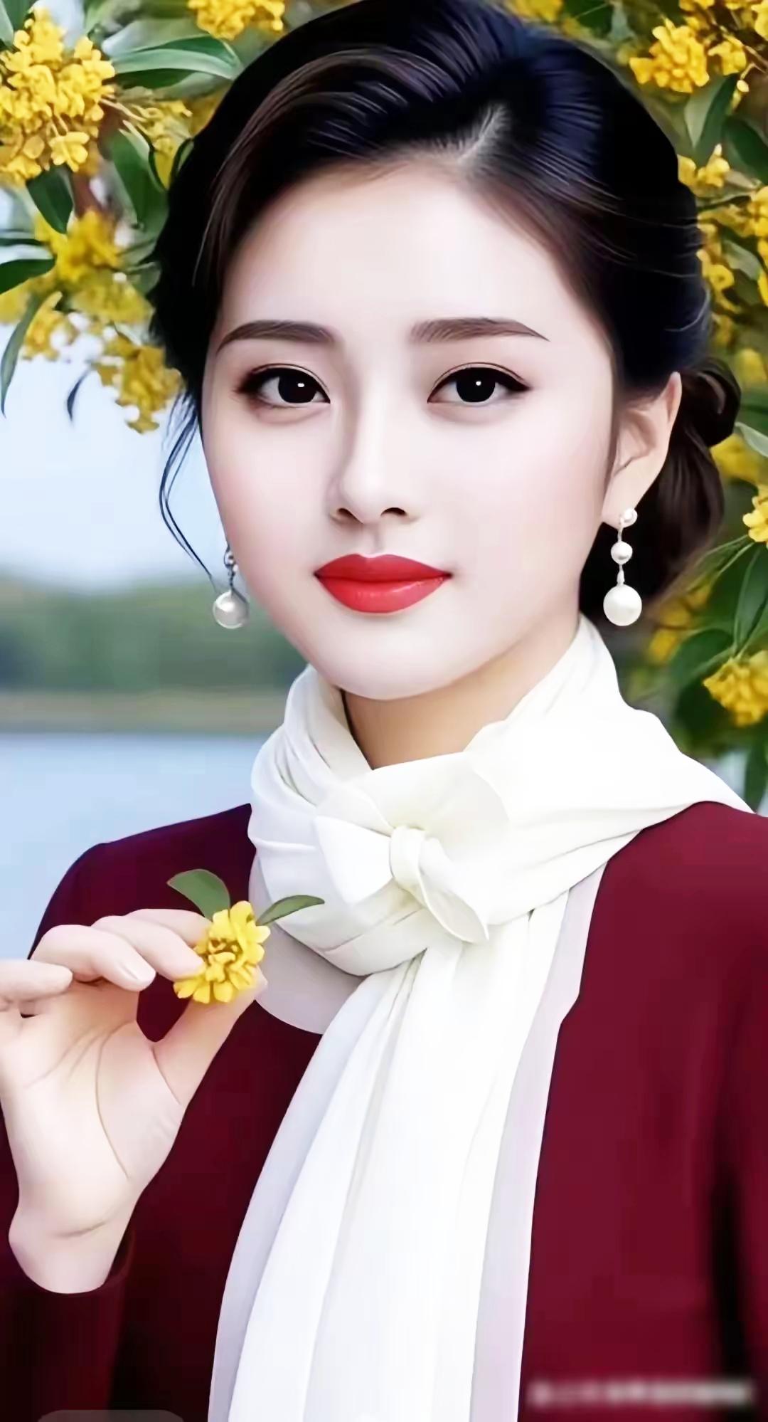 优雅白纱，红衣相伴，花海中的温婉女子。