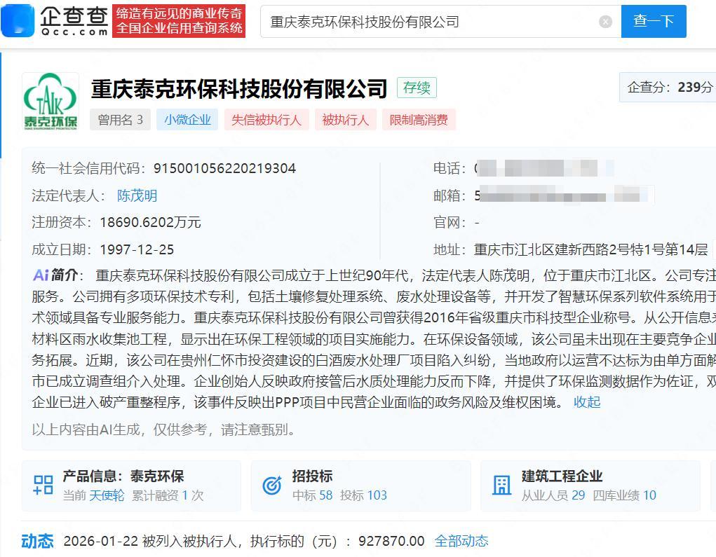 【8亿建厂遭接管公司累计被执行超156万】2025年9月，重庆泰克环保科技股份有