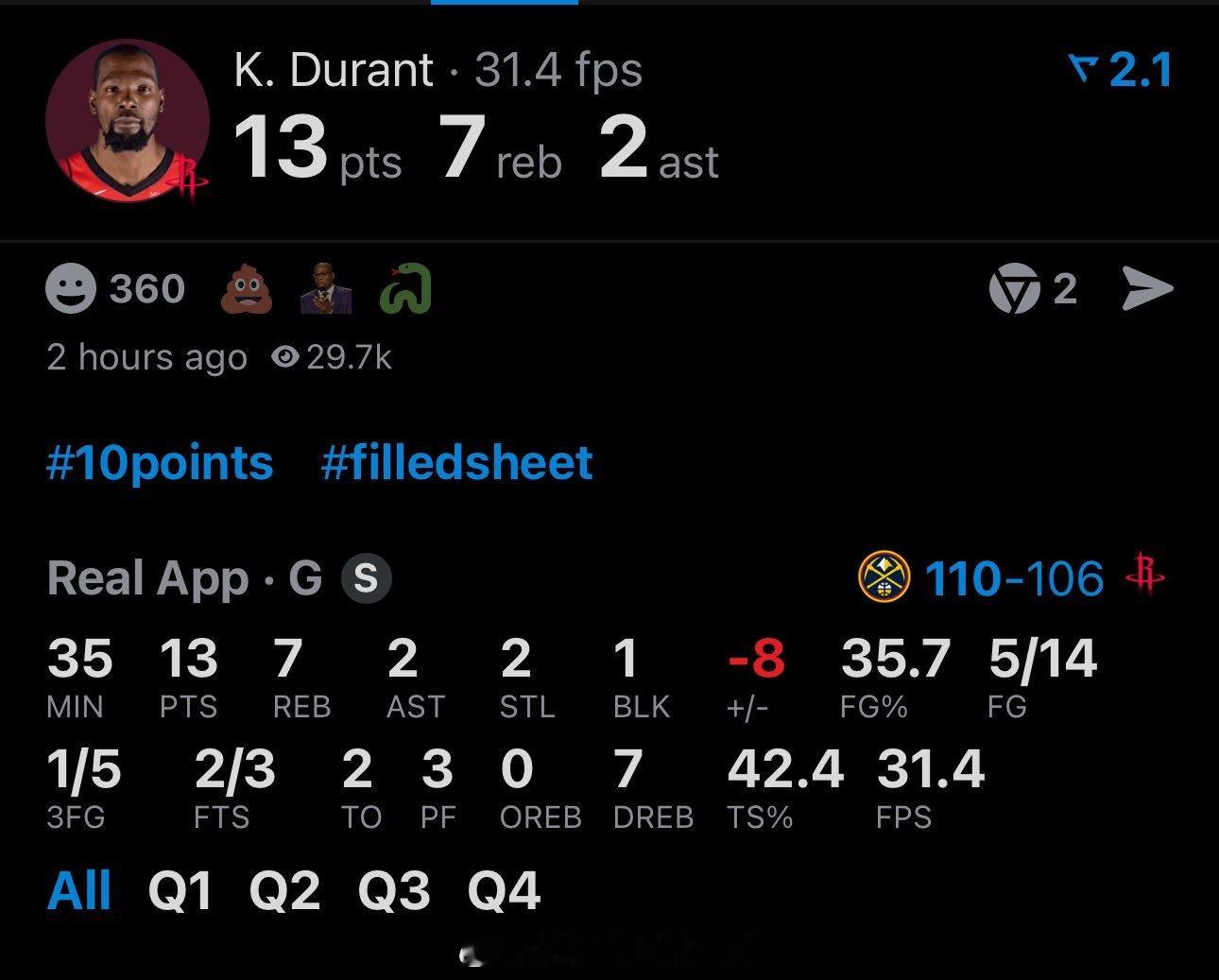 杜兰特这表现是完全不够的！火箭交易你过来，是让你关键时刻能顶上火箭最弱一环的！好