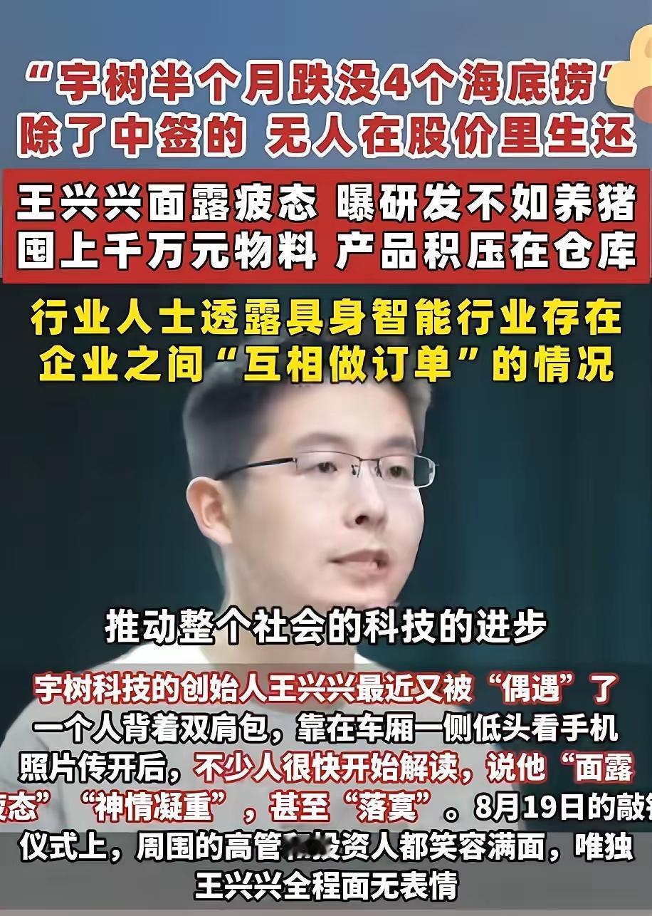 宇树科技创始人王兴兴如今压力不小，面对持续走低的股价，明显感受到有心无力。很多人