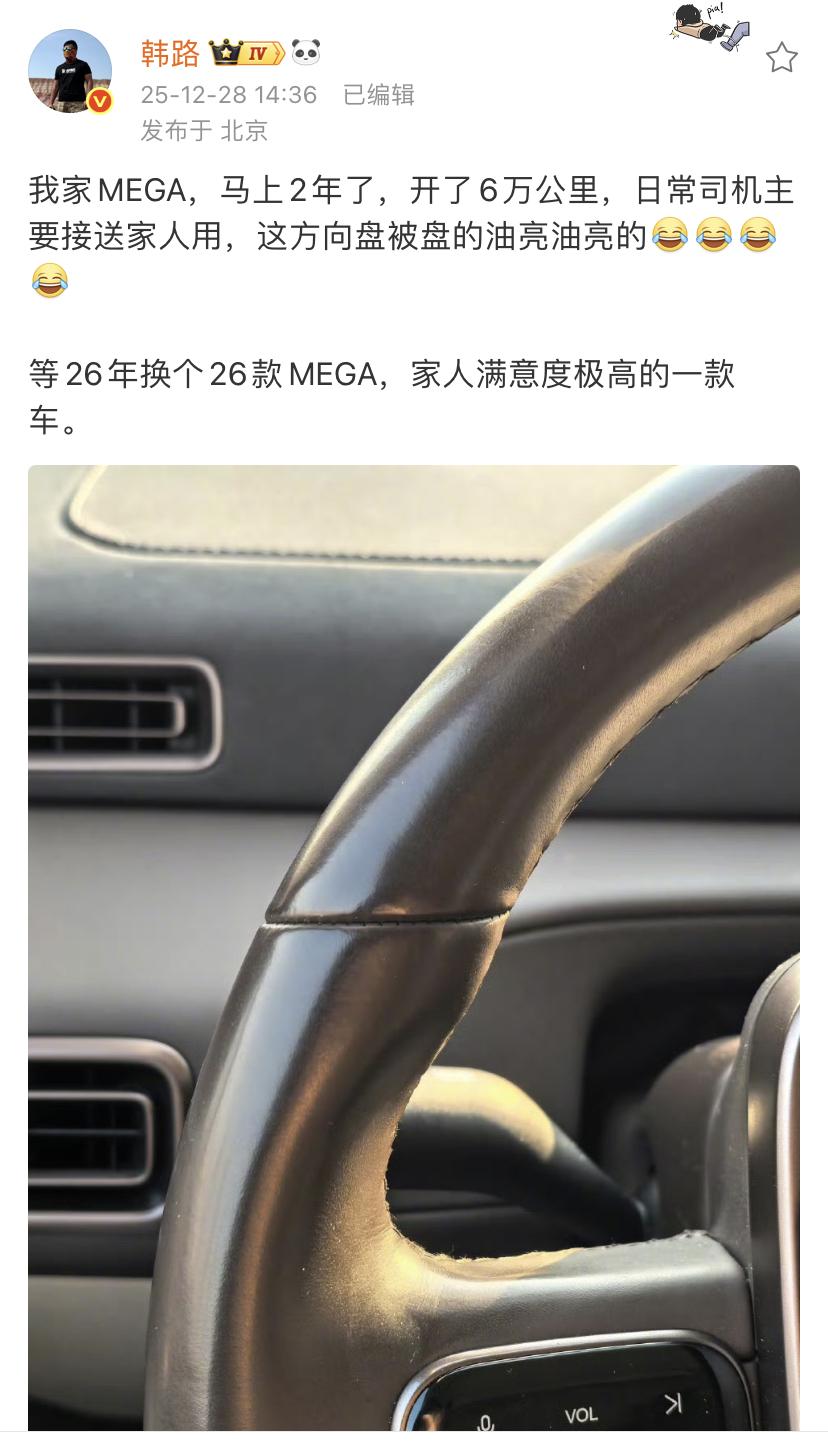 韩路：我家MEGA，马上2年了，开了6万公里，日常司机主要接送家人用，这方向盘被
