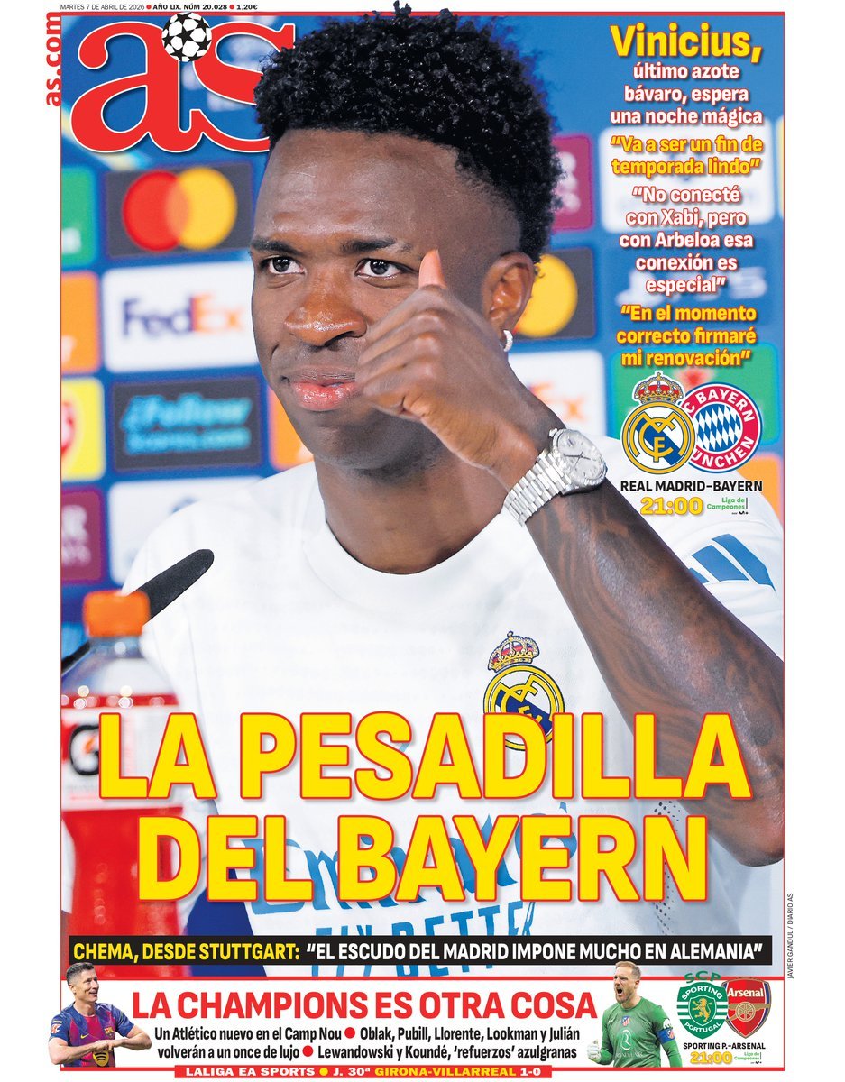 《阿斯报》今日封面：拜仁的噩梦-维尼修斯，巴伐利亚的终极祸害标题：伯纳乌，德国墓