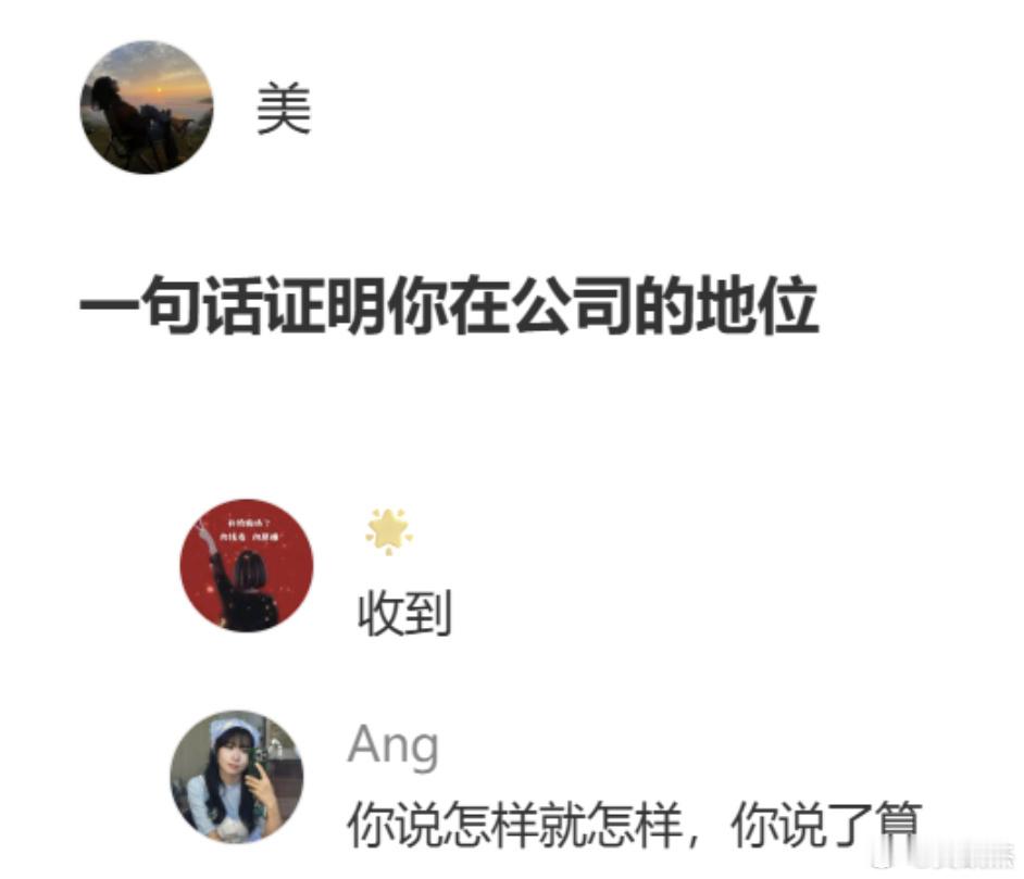 来一句话证明你在公司里的地位如何。除了万能的收到以外还有没有别的？ ​​​