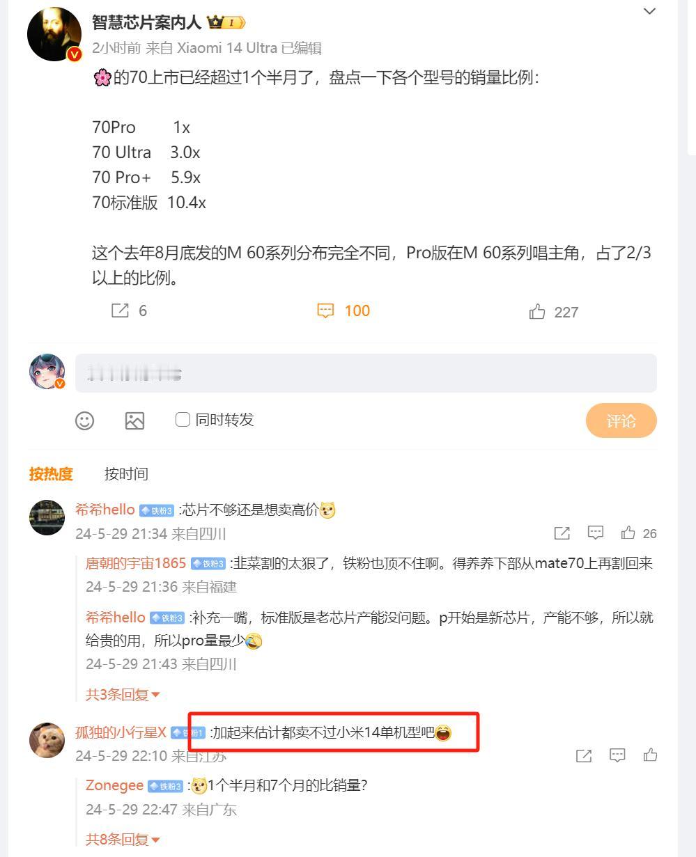 华为Pura70系列现在销量肯定没有小米14系列好，但是销售额应该是已经领先不少