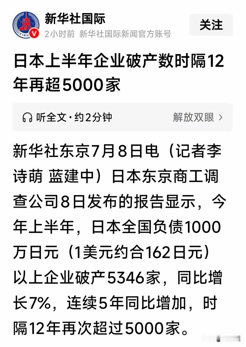 据统计：日本上半年企业破产数量再超5000家